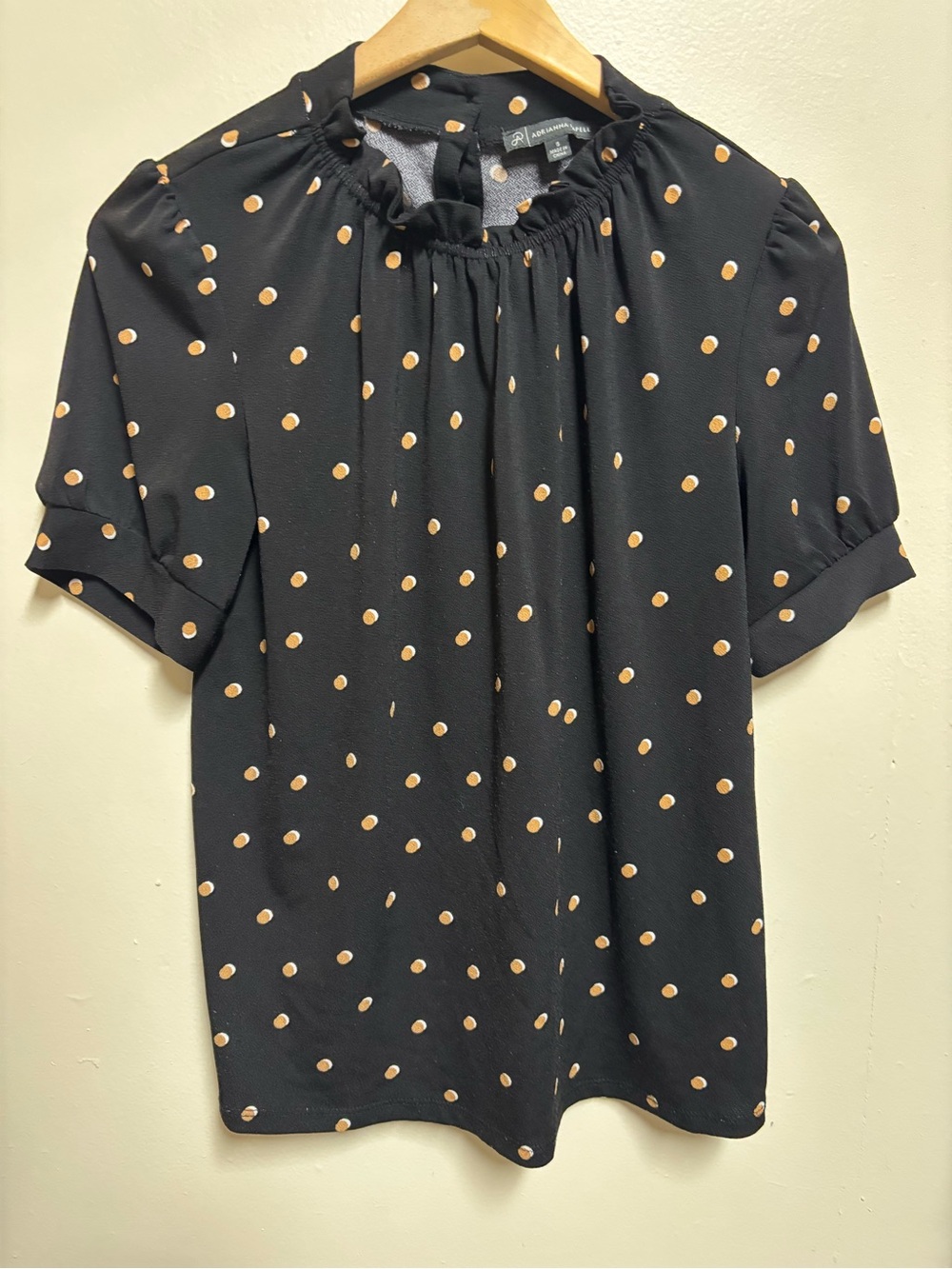 Adrianna Papell Black Blouse with Peach Polka Dots